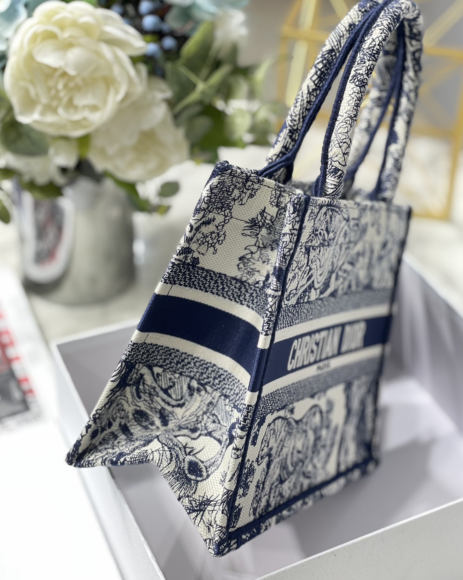 Small Dior Book Tote Bag Ecru and Blue Toile de Jouy Reverse Embroidery